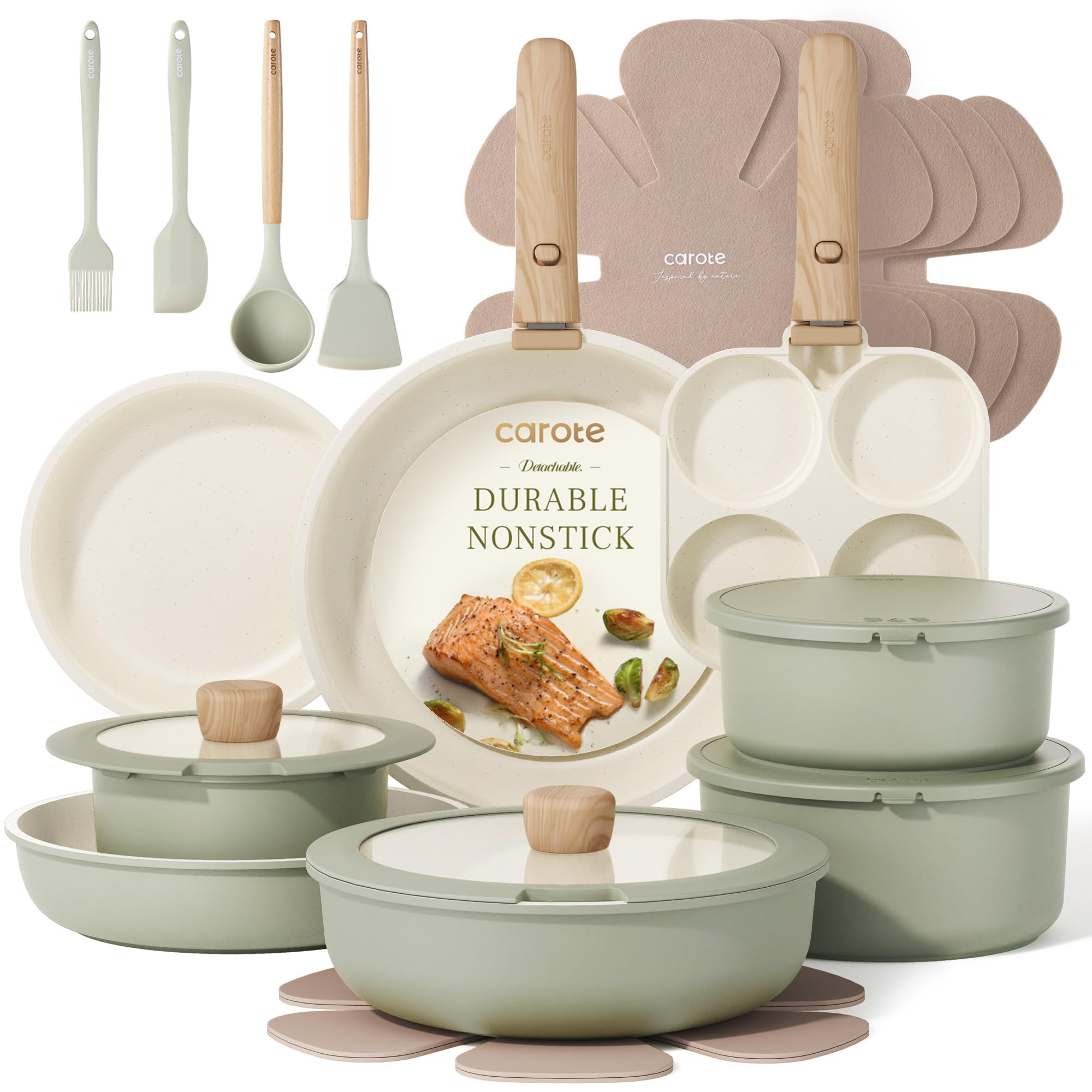 Photo 1 of CAROTE 25pcs Pots and Pans Set Non Stick, Cookware Sets, Kitchen Set, Oven/Dishwasher/Fridge Safe, Space Saving Pots Set, Nonstick Set with Versatile Detachable Handle, Induction RV Set, Green