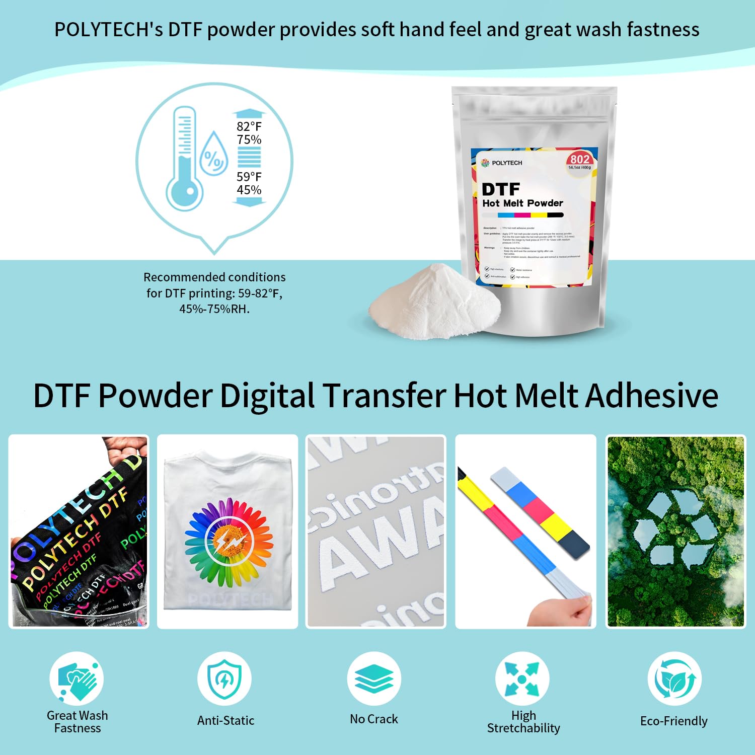 POLYTECH DTF Powder 14.1oz 400g, Hot Melt Adhesive Powder, Super Soft, for Heat Transfer Film Printing, Compatible with DTF PrintersET-8550, ET8500, XP-15000, L1800, Ideal for T-Shirt Printing