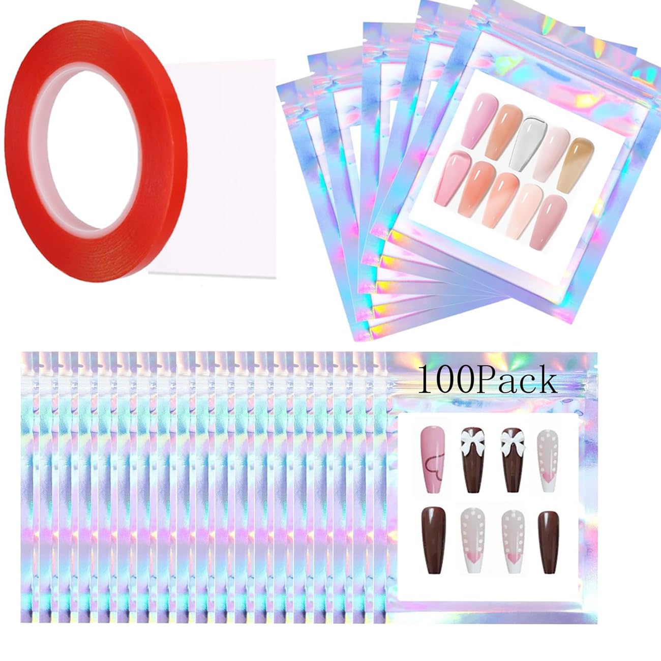 fiintrwa 100PCS Reusable Holographic Nail Storage Bags with 1 Roll Double-Sided Tape for Nail Business (Laser, Medium)