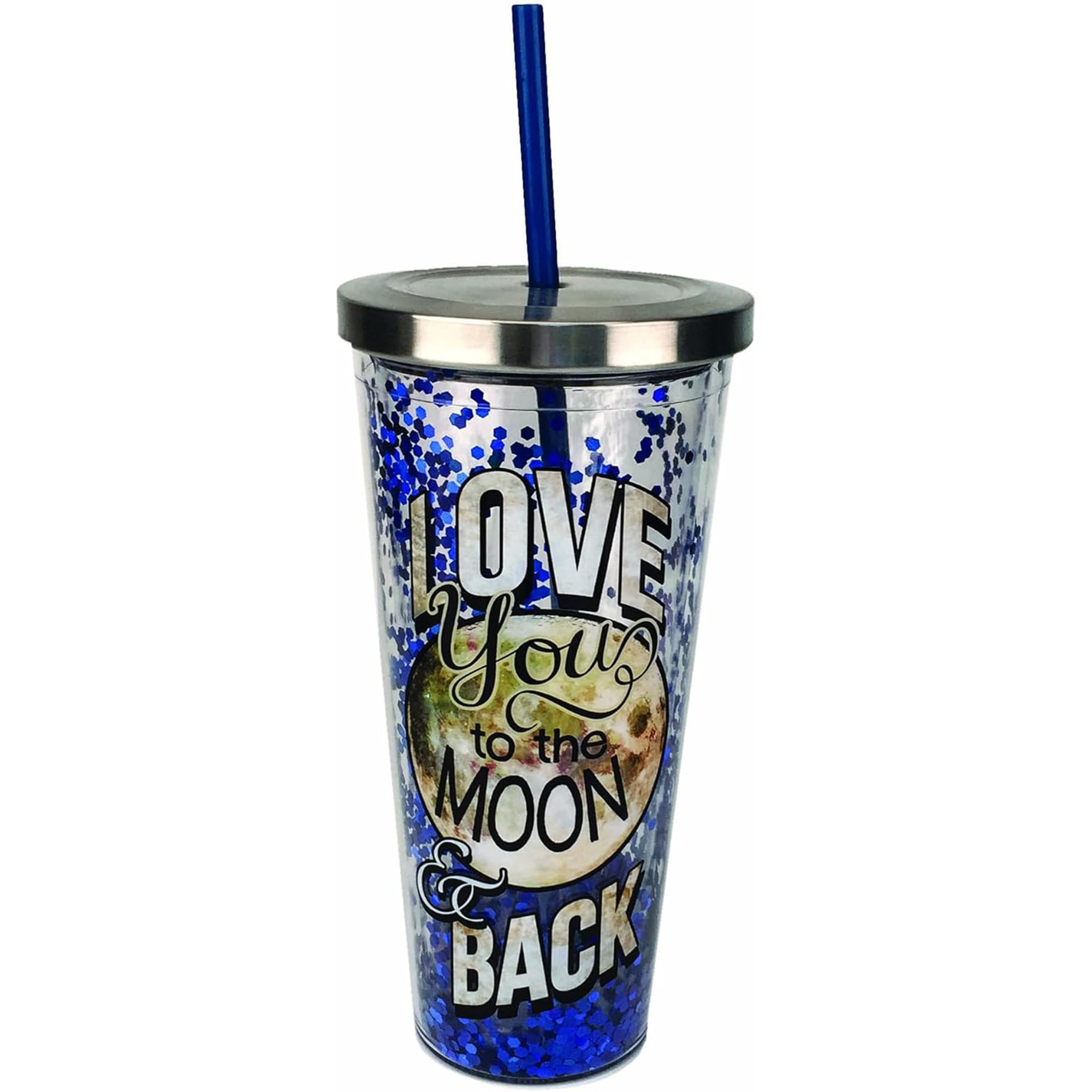 Spoontiques 21309 Moon and Back Glitter Cup with Straw, Blue