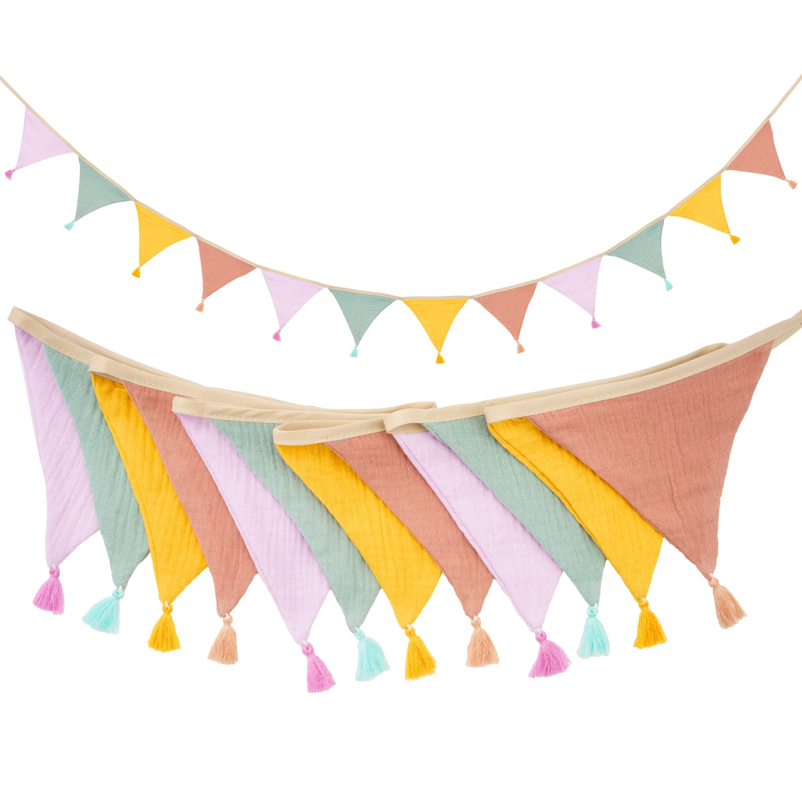 G2PLUS Fabric Bunting Banner with Tassel, 12PCS Double Sided Cotton Bunitng, 2.8m Fabric Triangle Garland, Candy Colours Baby Bunting for Nursery/Baby Shower/Brithday/Party/Bedroom Decoration — image 1