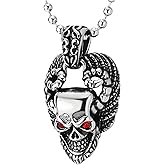 COOLSTEELANDBEYOND Mens Gothic Skull Pendant Necklace with Red Crystal Eyes, Steel Vintage, Punk Rock, Biker Jewelry