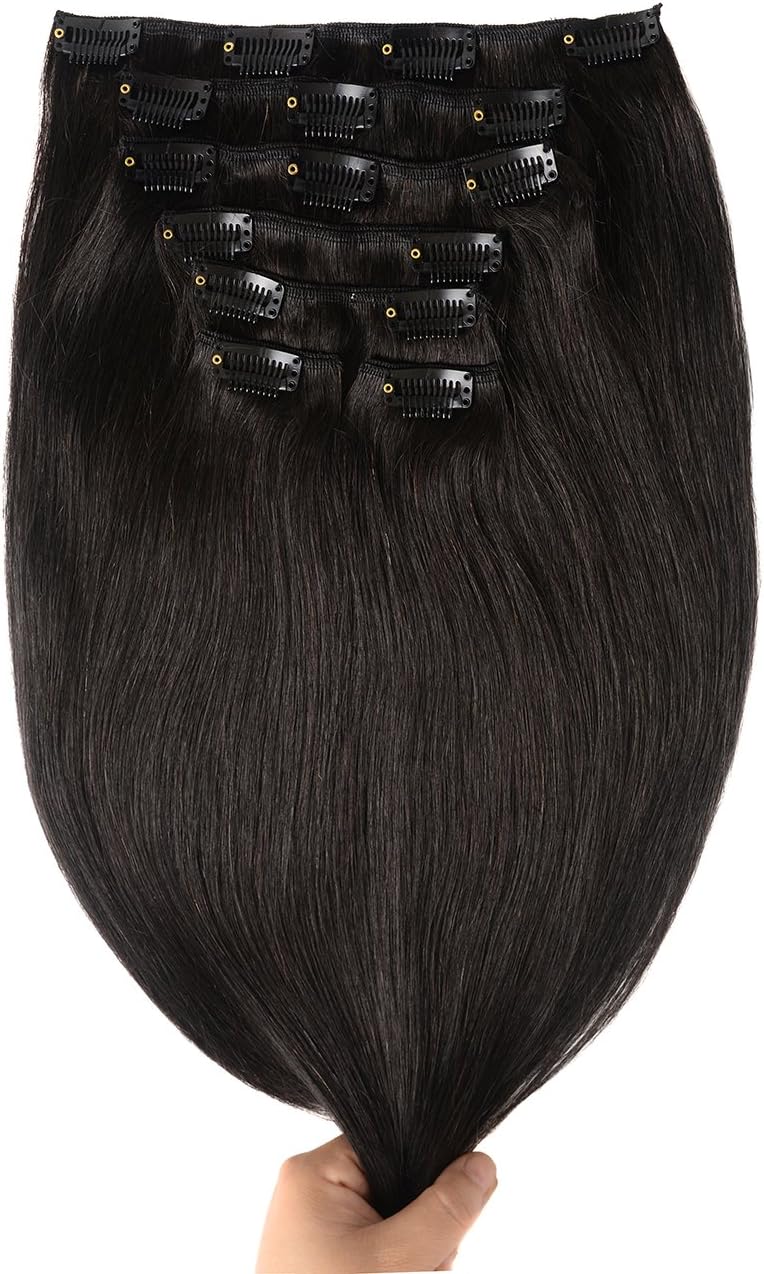 14 inch Hair Extensions Clip in Human Hair Remy Straight Clip on Human Hair Natural Black Double Weft 100g 7pcs with…