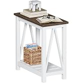 ChooChoo Farmhouse End Table, Narrow Side Table with Shelf | Slim Bedside Table ,Small Spaces, Rustic Nightstand, Living Room, Bedroom ,White