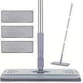 Flat Mop with 3 Pads, Microfiber Mops for Floor Cleaning Adjustable Handle 29-49, Dust Mop for Hardwood Floors, Wet Dry Use on Laminate Wood Tile Vinyl Wall Mopping Bathroom Kitchen Household Supplies
