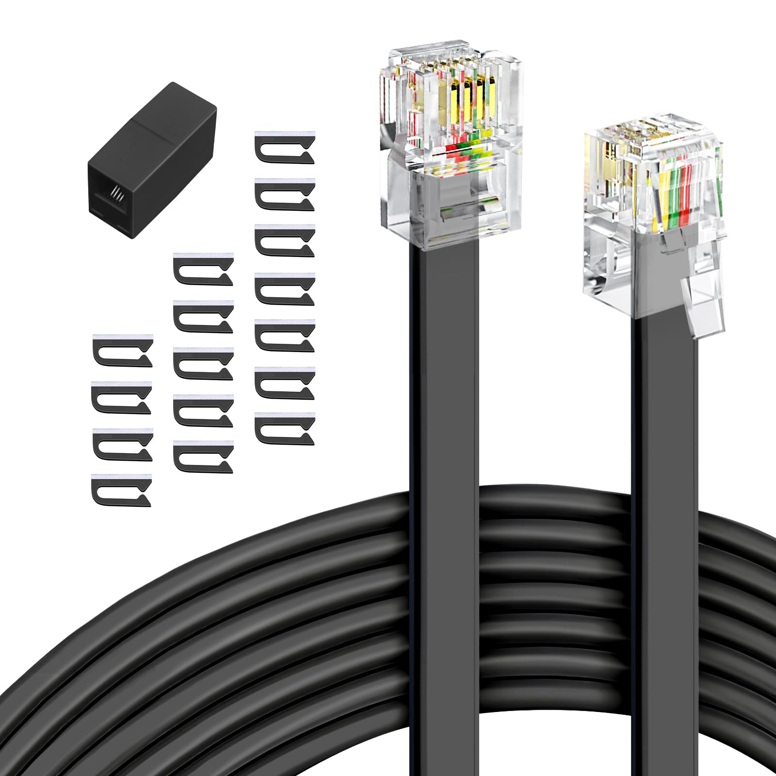 Photo 1 of Phone Extension Cord 25 Ft, Telephone Cable with Standard RJ11 Plug and 1 in-Line Couplers and 20 Cable Clip Holders, Black