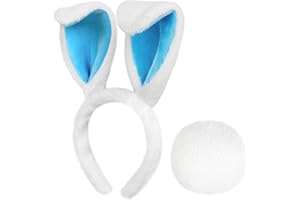 PARMA77 Easter Bunny Ears Headband and Tail Set, White Bunny Ears Plush Rabbit Ears Headband, Halloween Bunny Costume Accessories for Adults Kids Boys Girls Bunny Cosplay Dress up Party Supplies