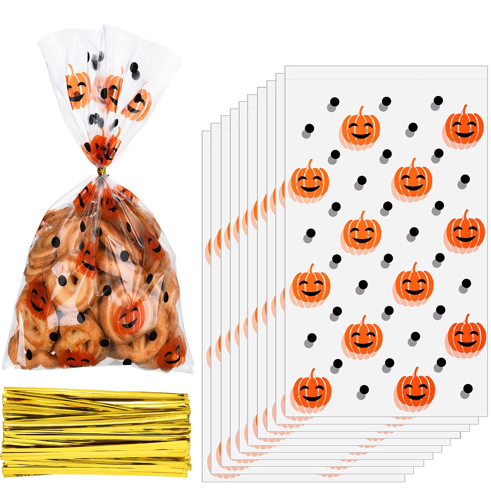 Photo 1 of 100 Sets Halloween Pumpkin Print Cone Cellophane Bags Heat Sealable Halloween Treat Candy Gift Bags and Golden Twist Ties for Treat Party Favor