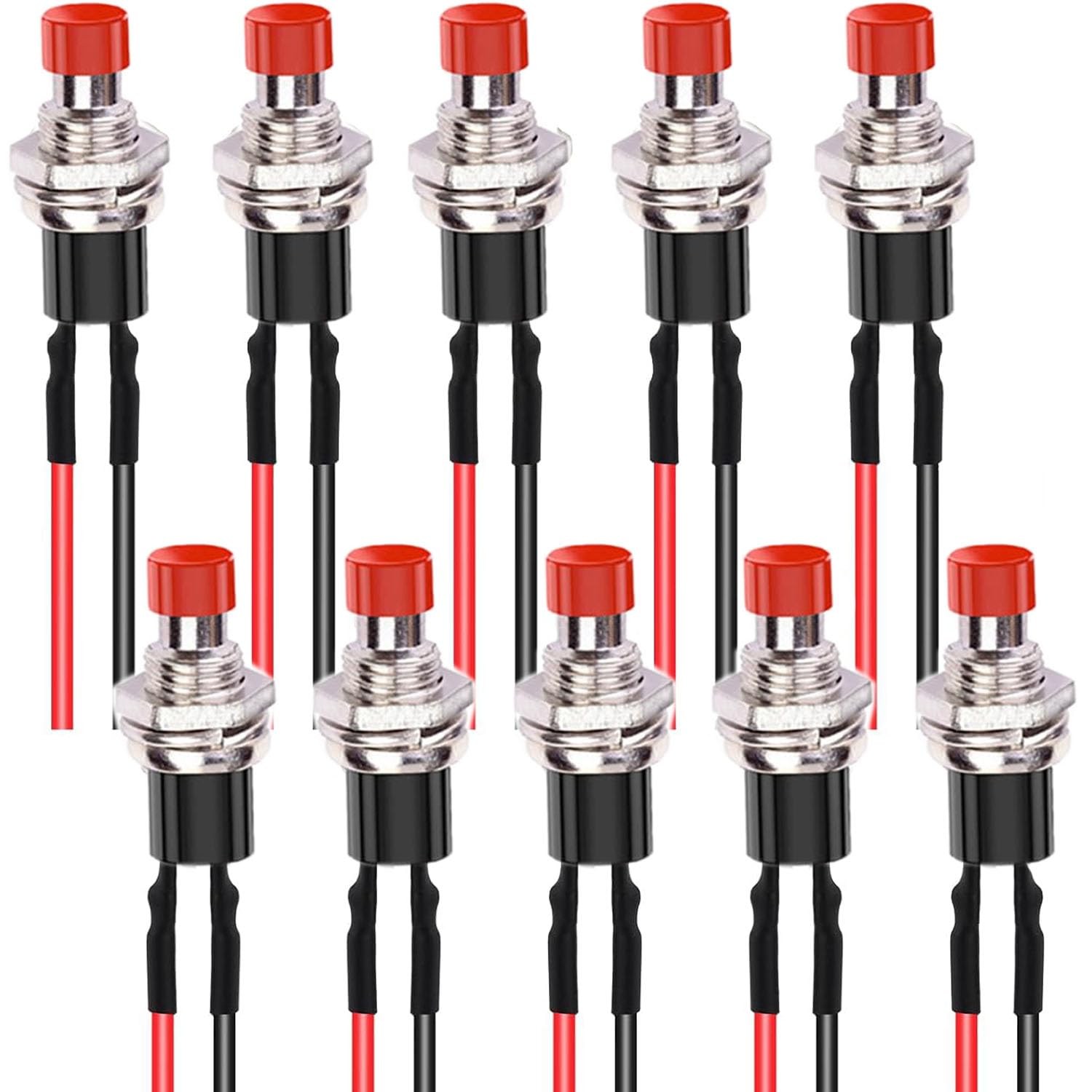 RUNCCI-YUN 10Pcs 1A 250V AC 2 Pins SPST Red Normal Open Mini Momentary Push Button Switch with Pre-soldered Wires