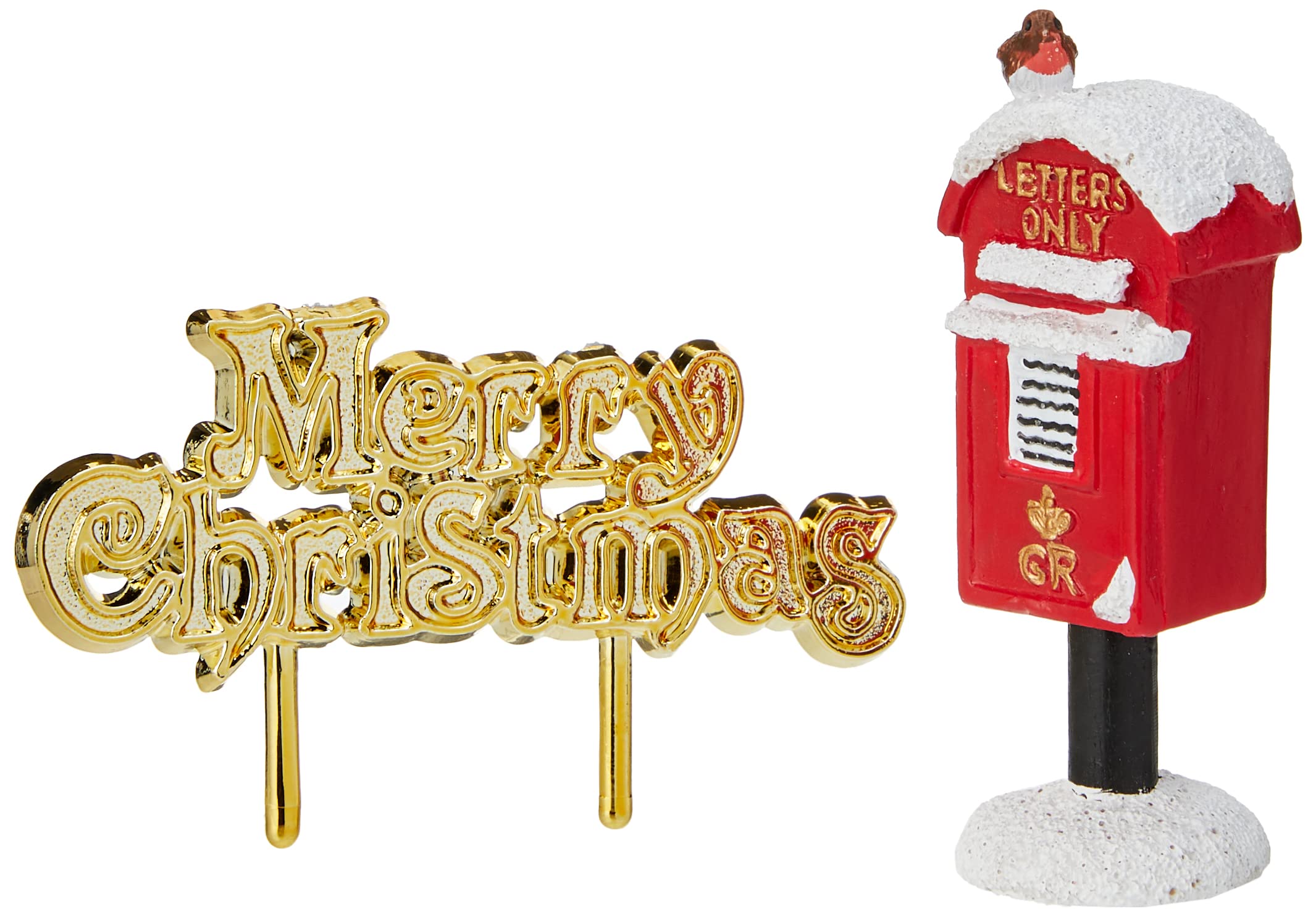 Anniversary House 2-Piece Post Box Resin Holiday Display Decorations – Gold “Merry Christmas” Motto Sign, Luxury Boxed – Reusable Non-Edible Seasonal Décor Accents (Model BX340, UK)