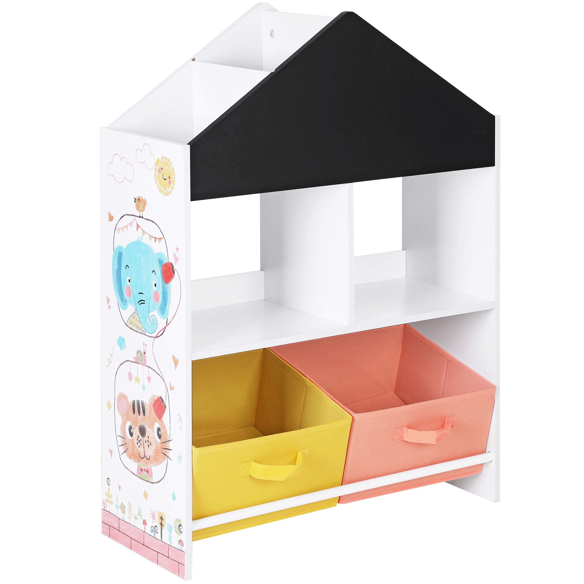 SONGMICS Kids’ Bookshelf, Storage Unit with Blackboard, Boxes, and Shelves, Multi-Functional for Children’s Room, Playroom, White, Black, Orange, and Yellow GKR320W01