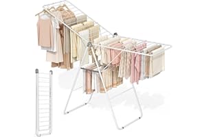APEXCHASER Clothes Drying Rack, Foldable Drying Rack Clothing, Sturdy Metal Laundry Drying Rack, Height-Adjustable Gullwing, Easy to Fold, Space-Saving, for Indoor Outdoor, White