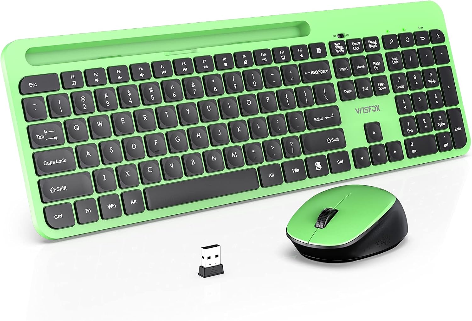 Wireless Keyboard and Mouse Combo, WisFox 2.4G Ergonomic USB Keyboard with Phone Holder, Full-Size Keyboard and Mouse Set for Computer, Laptop and Desktop(Green and Black): Computers & Accessories