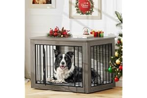 YITAHOME Dog Crate Furniture for Large Dogs, Side End Table, Modern Dogs Kennel Indoor up to 60 lb, 2-in-1 Iron-Wood Fusion Dog Cage with Waterproof Top, Safety Corners, Steel Lock,38" L,Greige