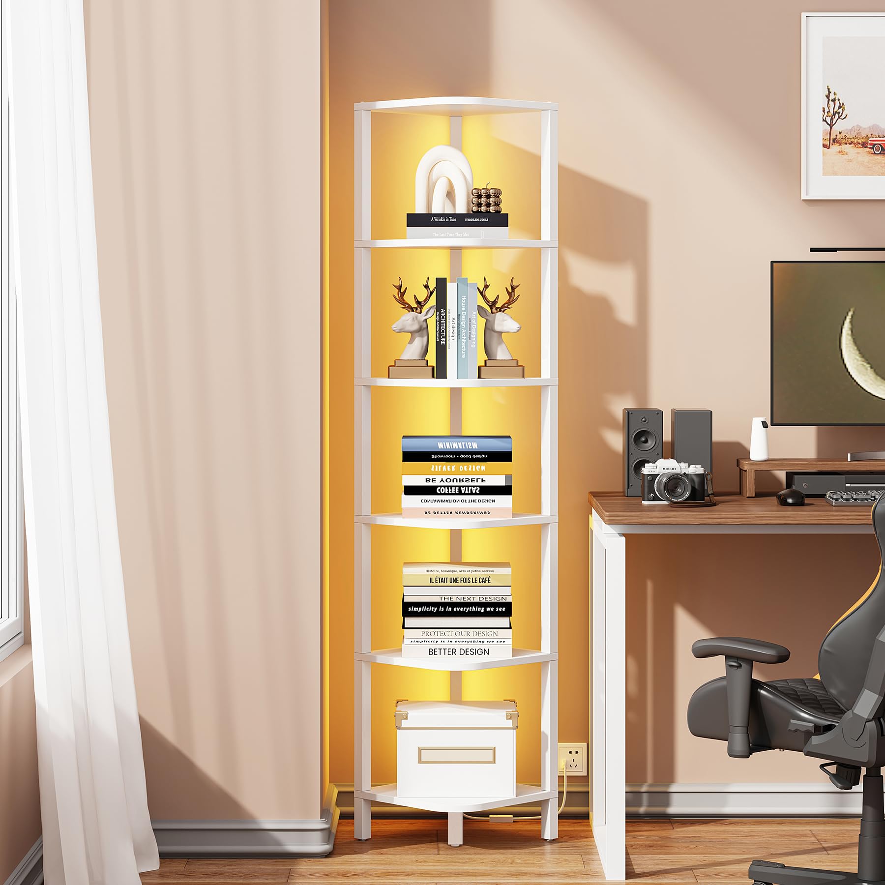 Photo 1 of TUTOTAK Corner Shelf with LED Light, 6-Tier Corner Bookshelf for Small Space, Narrow Display Corner Shelf Stand with Storage Rack, for Living Room, Bedroom, White BS08BW006L