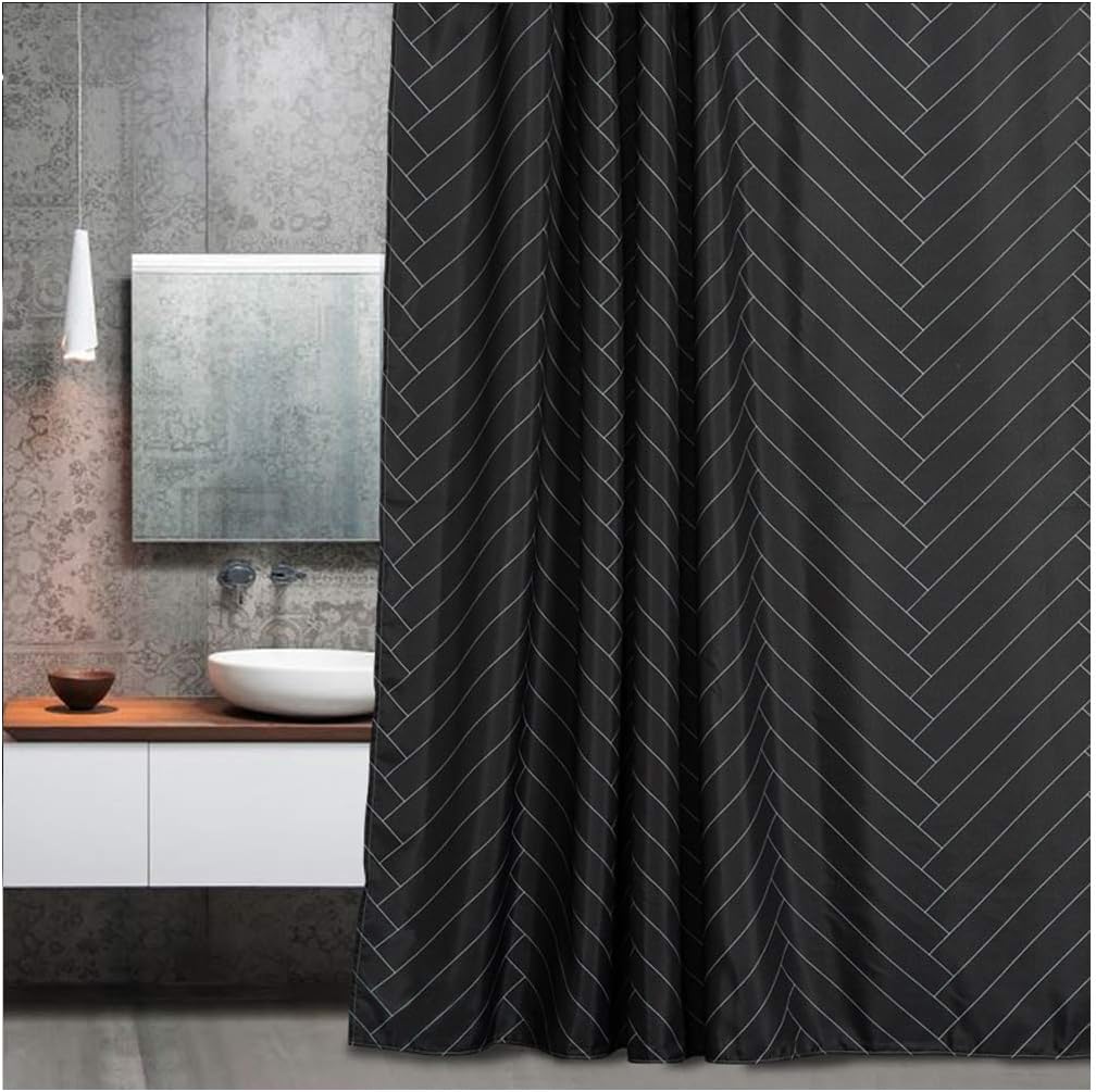 Aimjerry Black Waterproof Fabric Shower Curtain Polyester Striped 72" Geometric Pattern,Washable Curtain