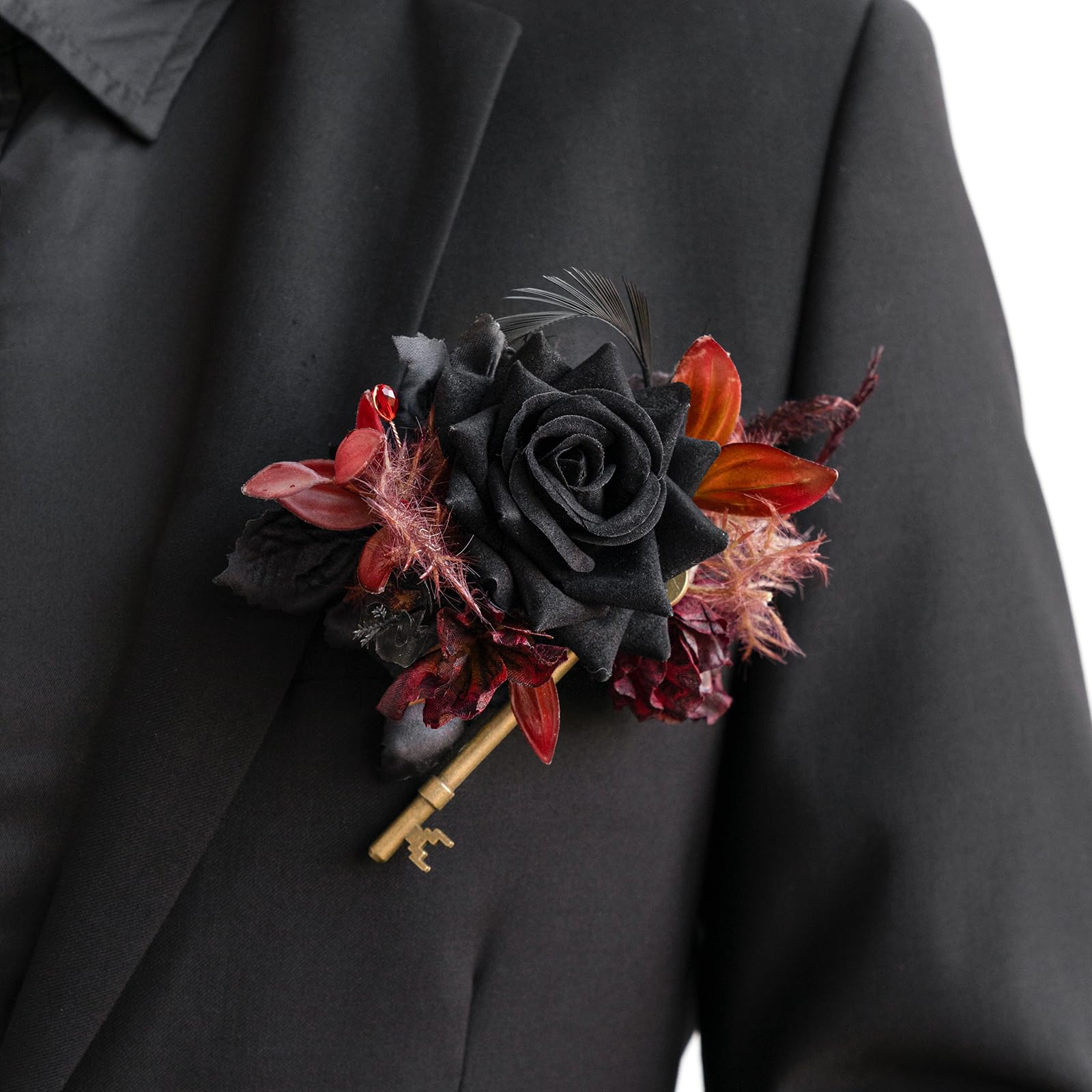 Photo 1 of Ling's moment Pocket Boutonniere Single, Boutonniere for Men Groom for Halloween Wedding, Prom, Homecoming, Anniversary, Graduation, etc.Black Gothic Burgundy