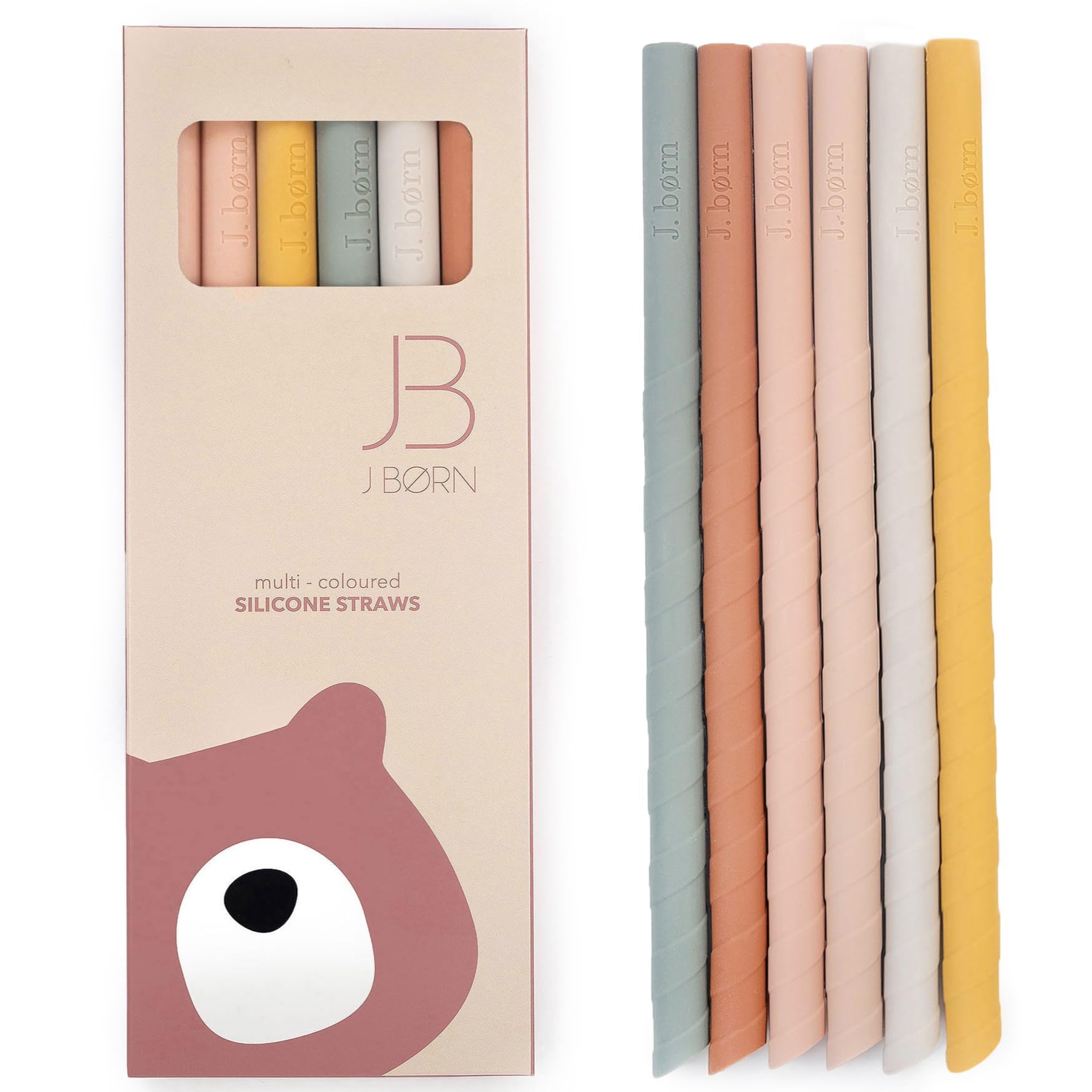 J.Børn 6 Pcs Reusable Silicone Straws with 1 Cleaning Brush | 22cm Long 5.5mm Wide Straight Drinking Straw | Premium Food-Grade Silicone Straws | Soft Flexible Straw for Children & Elderly (Pink)