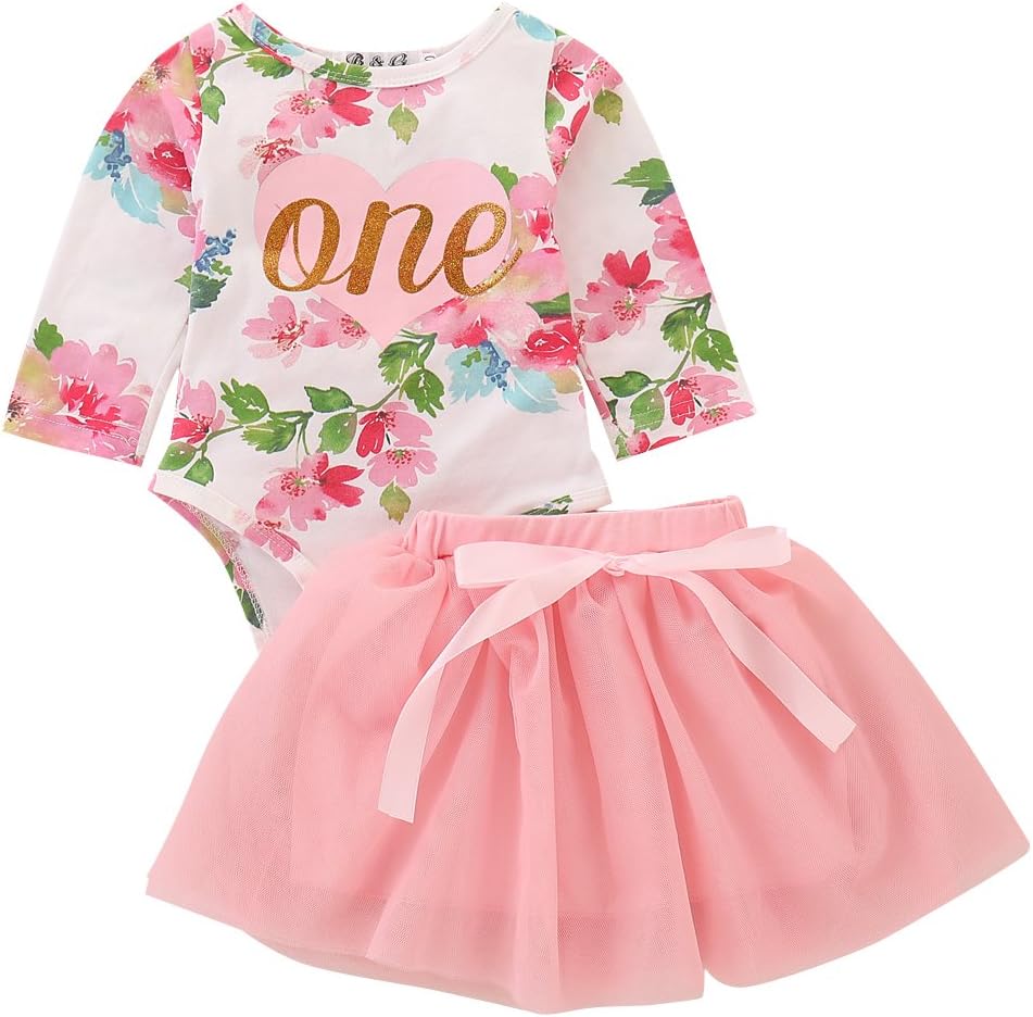T TALENTBABY Newborn Baby Girl 1st Birthday Outfit Toddler Kids Letter One Printed Floral Romper Bowknot Tutu Party Skirt Princess Dress 2Pcs Set