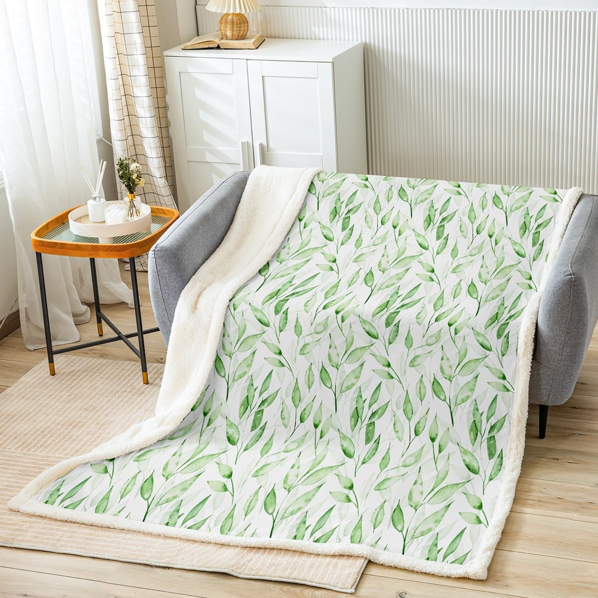 Green Leaves Bed Throws,Watercolor Plant Painting Thrown Blanket for Kids Boys Gift, Fresh Natural Botanical Microfiber Fleece Blanket for Room Decor, Baby Size (30 x 40 Inches)