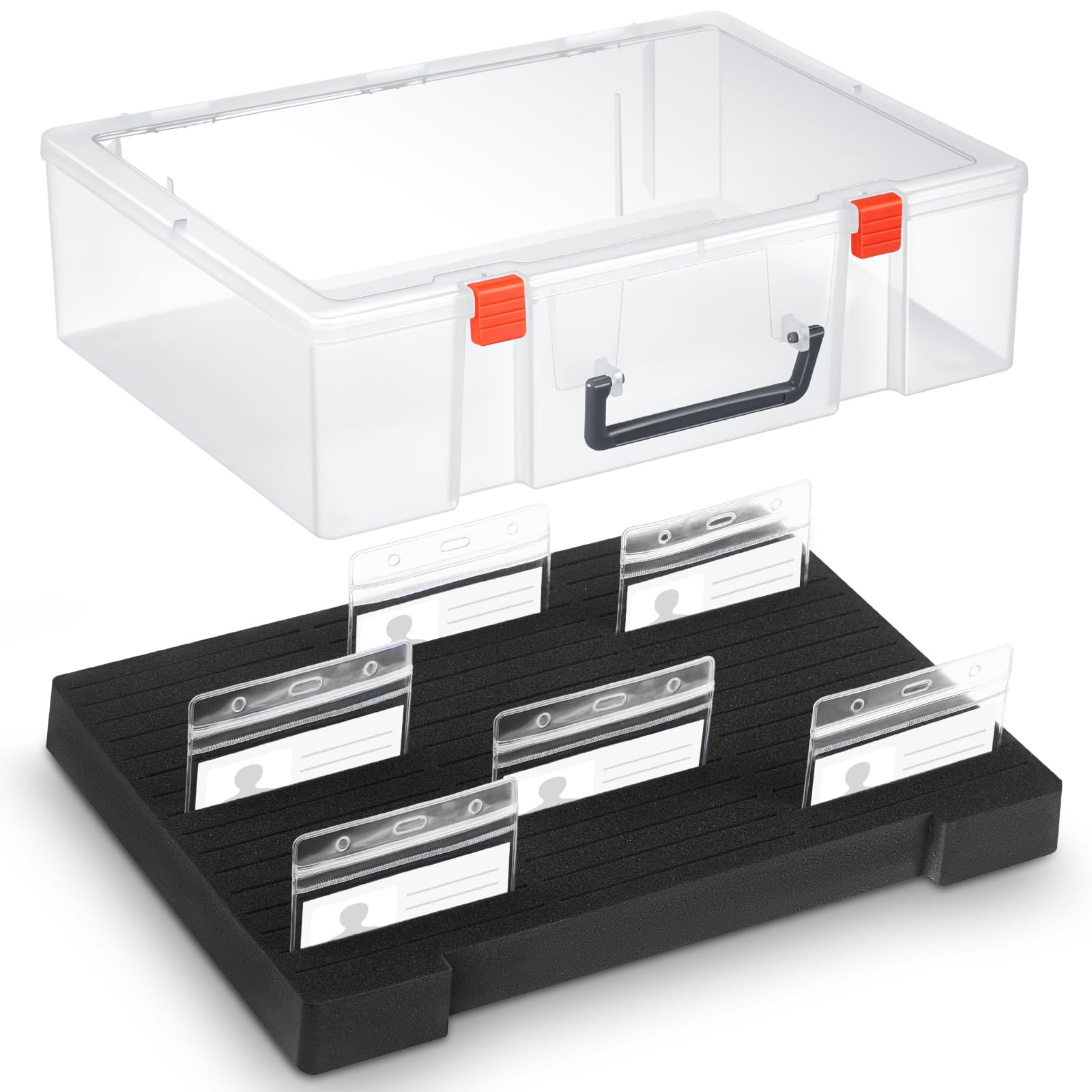 Photo 1 of Chunful 1 Pc Name Tag Holder with Case, Foam Name Badge Storage Tray Holds 48 Badges ID Badge Tray Organizer for Desk Classroom Office School, 14 x 10.6 x 4 in (Clear)