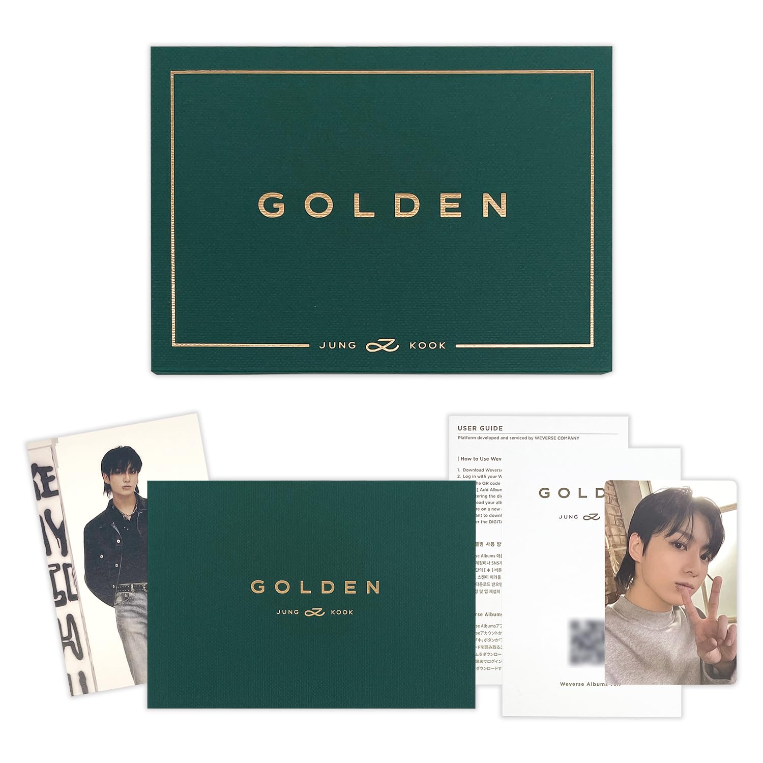 HYBE Ent. JUNGKOOK - [GOLDEN] (Weverse Albums Ver.) Book Case + Photo Book + QR Card + User Guide + Post Card + Photo Card + Contents Envelope + 2 Extra Photocards