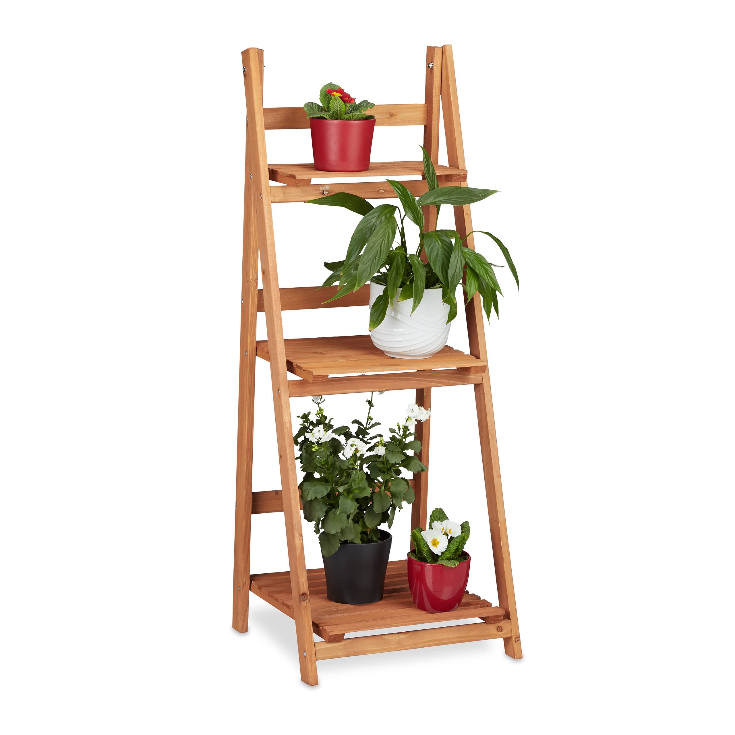 Relaxdays Wooden Flower Display Rack, Indoor Flower Stand, 3-Tier, Plant Stairs, Foldable, HxWxD: 107.5 x 41 x 25 cm, Brown