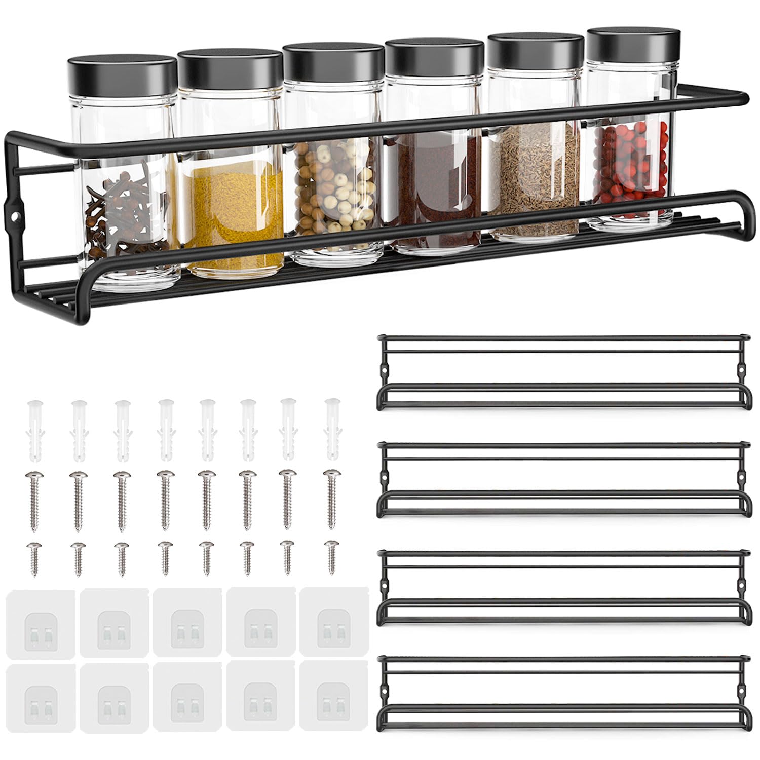 HOAENTSA Spice racks Organiser 4 Tier Metal Wall Mounted kitchen Spice shelf for Kitchen&inside cupboard Spice Jars and Condiments tidy Storage (Black)