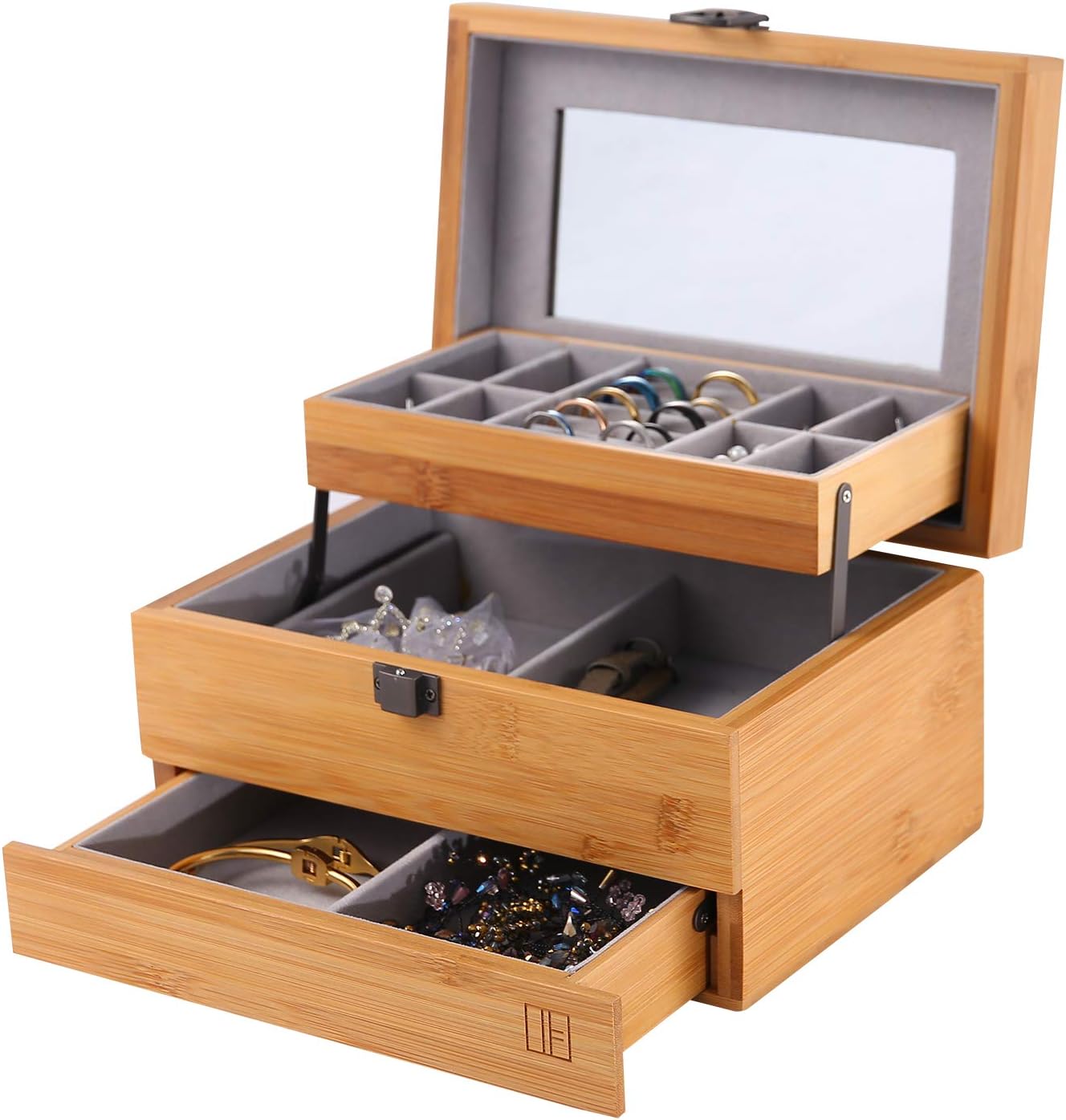 Bamboo Jewelry Box Organizer for women Watch Storage 3 Layers Jewelry Organizer Storage Display Case Gift for Mom Girlfriend: Home Improvement