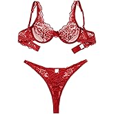 Foxiny Sexy Scallop Floral Lace Mesh Sheer Underwire Lingerie Set 2 Piece