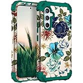 Hocase for Galaxy S25 Case, Shockproof Heavy Duty Protection Soft Silicone Rubber Bumper+Hard Plastic Hybrid Protective Case for Samsung Galaxy S25 5G (6.2") 2025 - Teal Flowers