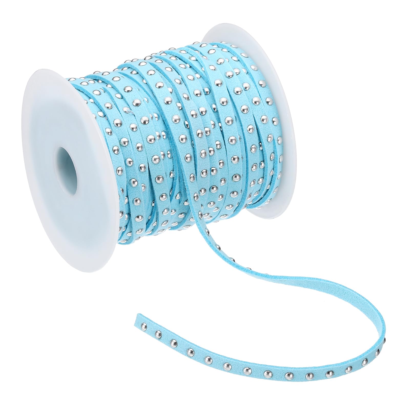 PATIKIL 65.6ft Studded Faux Suede Cord Rope for Jewelry Making, 5mm Micro Fibre Flat Leather Lace Beading String Ribbon with Rivets, Lake Blue Silver