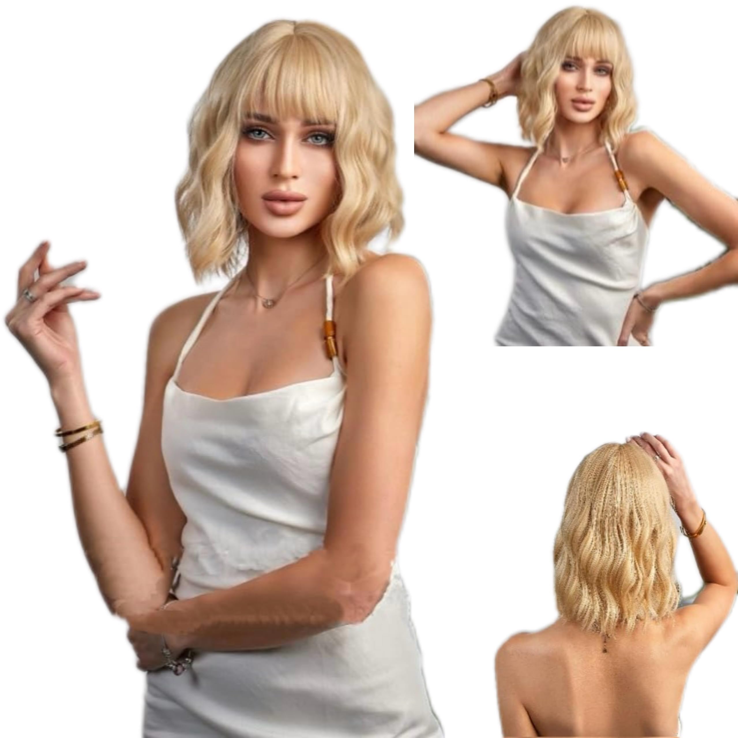 Photo 1 of Tangyaoyusun 14Inch Short Wavy Curly Wig with Bangs Shoulder Length Bob Synthetic Wigs with Natural Wavy Hair for Daily Party Use (Blonde)