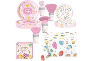 erichbow 129Pcs Easter Tableware Easter Party Supplies Egg Bunny Disposable Dinnerware Set Paper Plates Napkin Serves Cups Straw Knife Fork Spoon,Serves 16 Guests