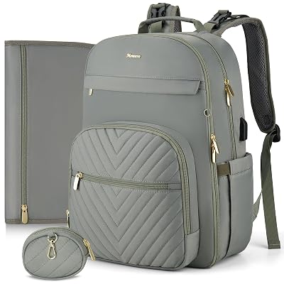 MOMUVO Diaper Bag Backpack, Quilted Baby Bag with Changing Pad & Stroller Straps & Pacifier Case, Multifunction Waterproof Travel Diaper Bags, Unisex, Olive Green