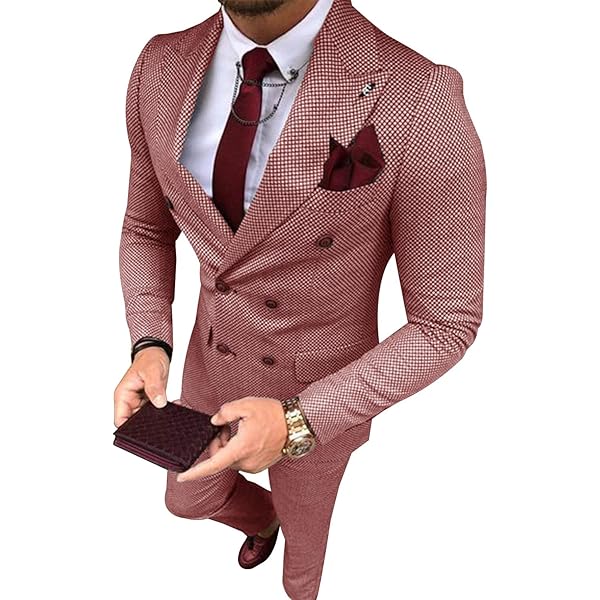 YZHEN Men's Suit Plaid Double Breasted Jacket and Pants