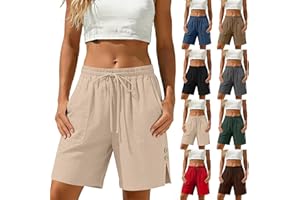 Linen Bermuda Shorts for Women Summer Drawstring Elastic Waisted Side Split Casual Short Pants with Pockets