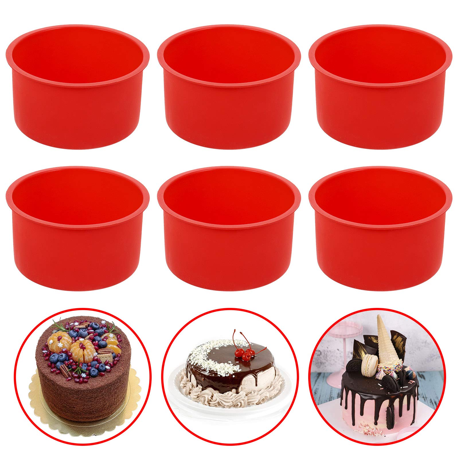 Xinzistar 6 Pcs Silicone Cake Mould for Baking, 4 Inch Non-Stick Round Cake Pan Cake Tins Bakeware Baking Molds Tins for Mousse Muffin Pudding Cupcake Bread (Red)
