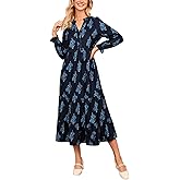 YEXPINE Women’s Corduroy Midi Dress Fall Winter Long Sleeve Ruffle V Neck Button Down Flowy Tiered Shirt Dresses with Pockets