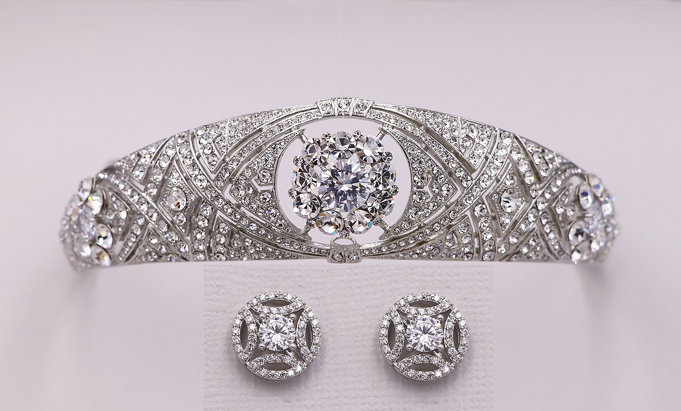 Amazon Com Meghan Markle Wedding Cubic Zirconia And Rhinestone Tiara Headpiece And Earrings Set Handmade