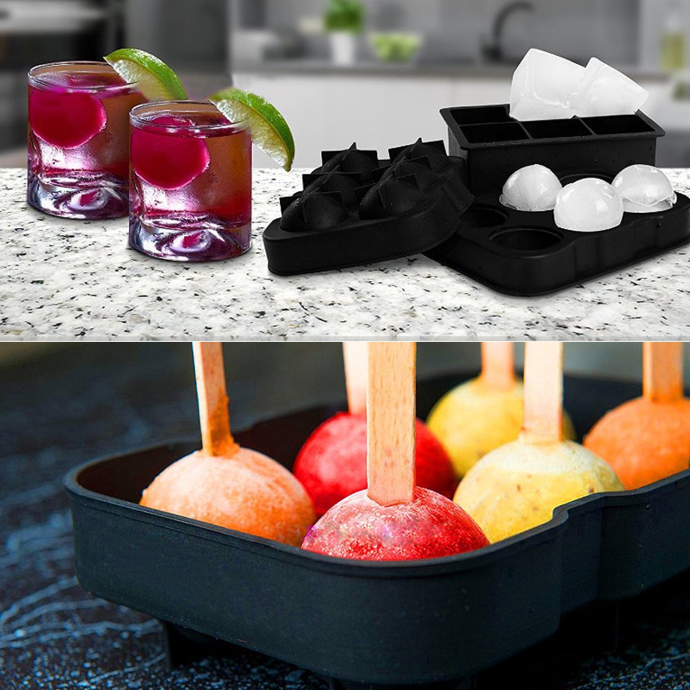 Ice Cube Tray Silicone Combo Mold Set Of 2 Sphere Ice Ball Maker With Lid Large Square Molds For Chilling Bourbon Whiskey Cocktail Beverages And