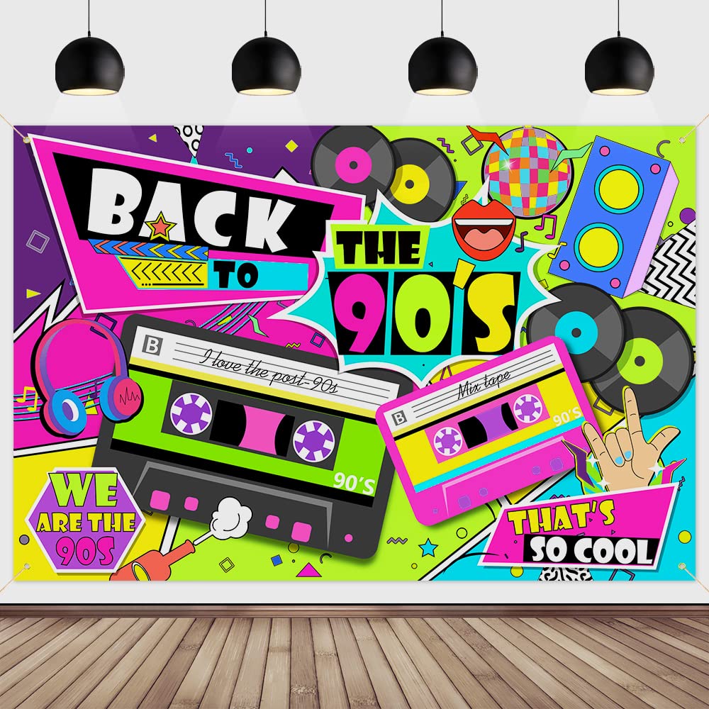 90s Party Decorations for Adults, Back To The 90's Backdrop Banner with Hanging Rope, 210x150cm Hip Hop Graffiti Photography Background Wall Table Birthday Party Decoration Supplies