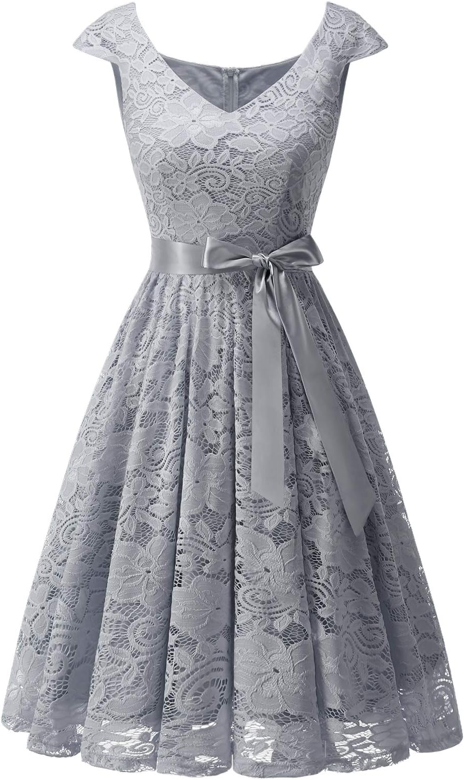 Meetjen Women's Short Bridesmaid V-Neck Floral Lace Dress Cocktail Formal Swing Dress with Cap Sleeves