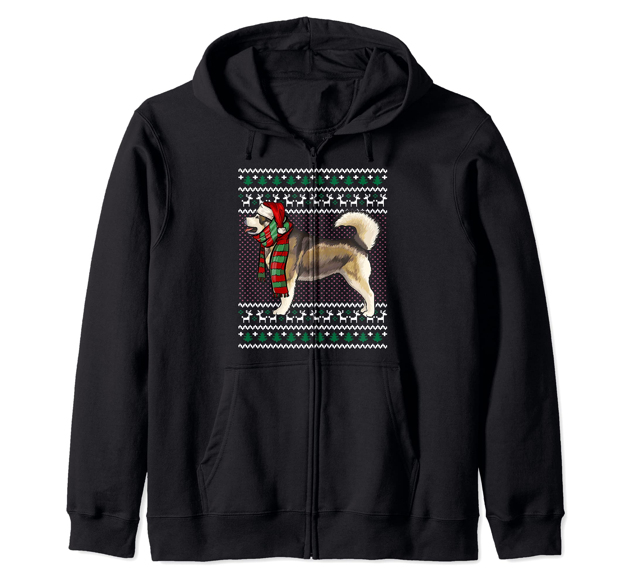 Xmas Alaskan Malamute Dog Santa Hat Ugly Christmas Zip Hoodie