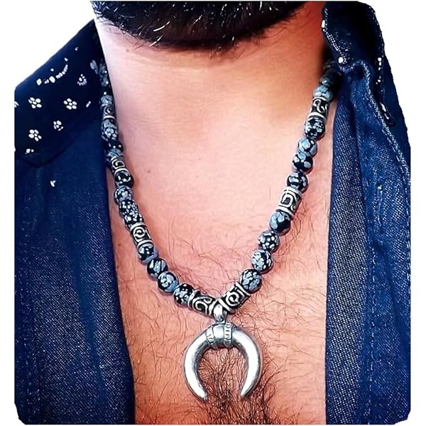 Amazon.com: Mens Snowflake Obsidian Necklace Silver Moon Pendant