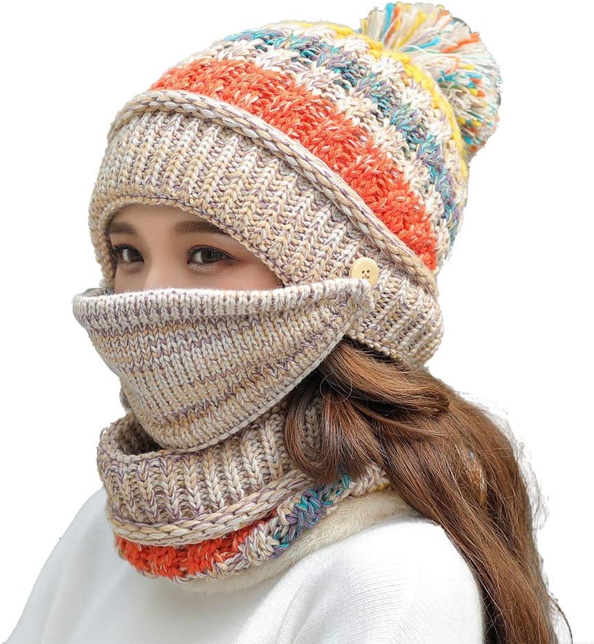 Ypser Women Fleece Lined Beanie Scarf Mask Set Winter Knit Ear Flaps Hat with Pompom