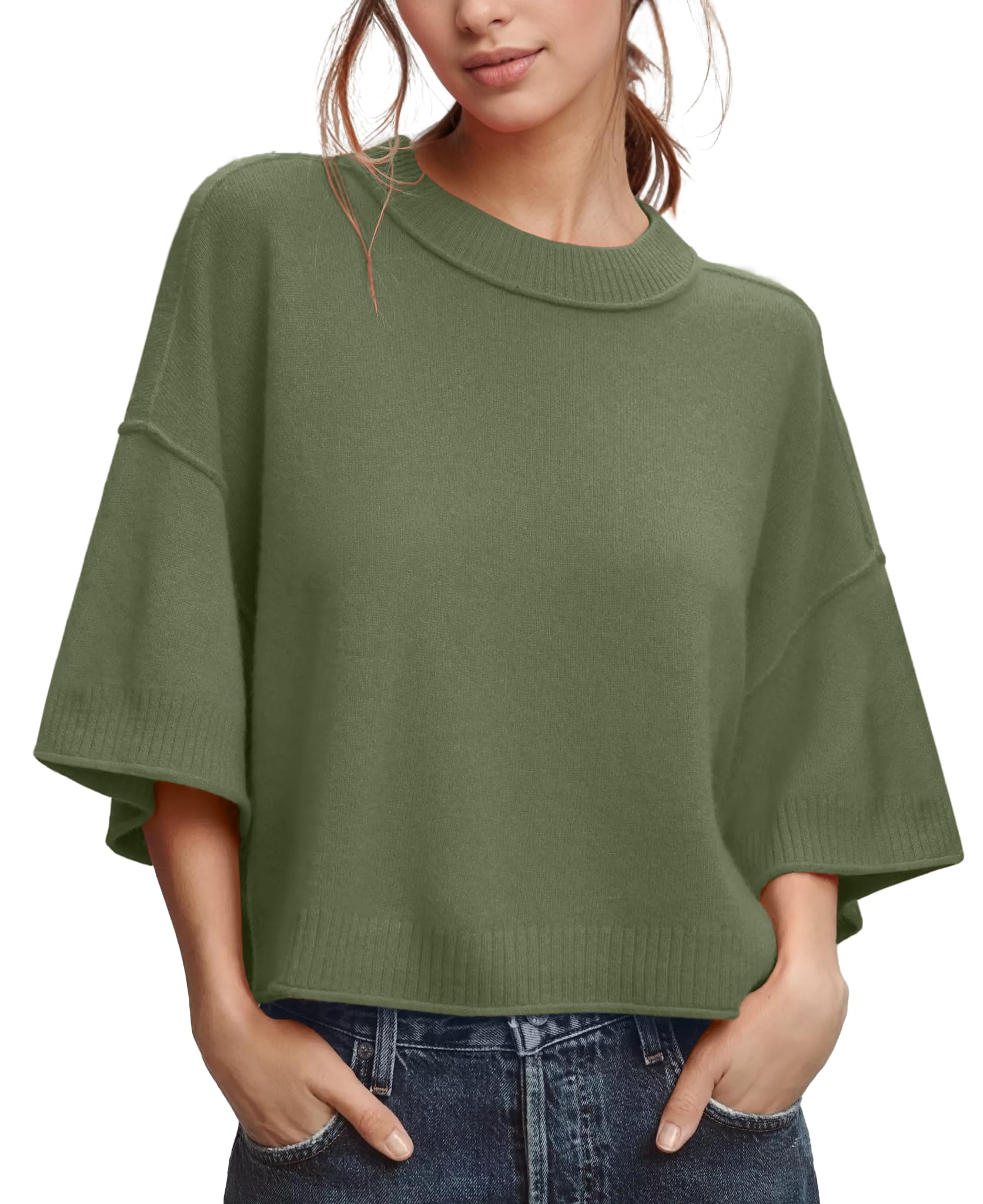 Photo 1 of *STAINED** ZDC Women's Oversized Sweaters Summer Short Sleeve Casual Cropped Tops Lightweight Loose Fit Knit Pullover Army Green