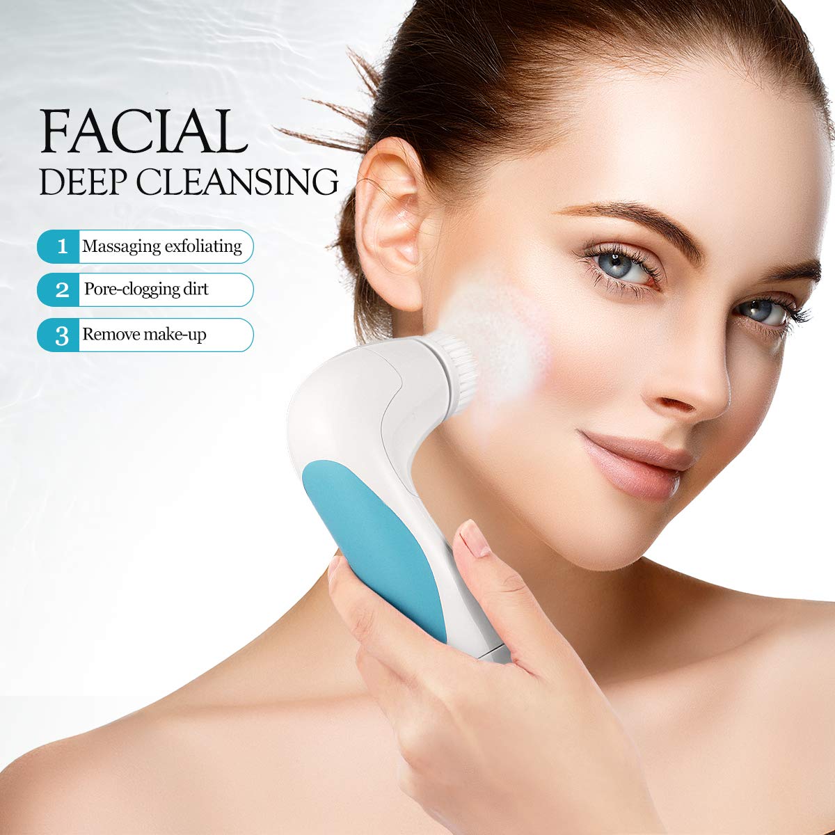 【New Version】ETEREAUTY Facial Brush Waterproof Body Facial Cleansing Brush Spin Brush for Deep Cleansing, Gentle Exfoliating and Removing Blackhead with 5 Brush Heads: Beauty