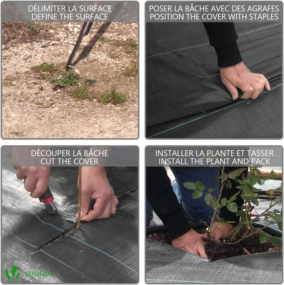 VOUNOT Weed Control Membrane 2m x 10m, with 30 Securing Pegs, Heavy Duty Weed Control Barrier Fabric - Image 5