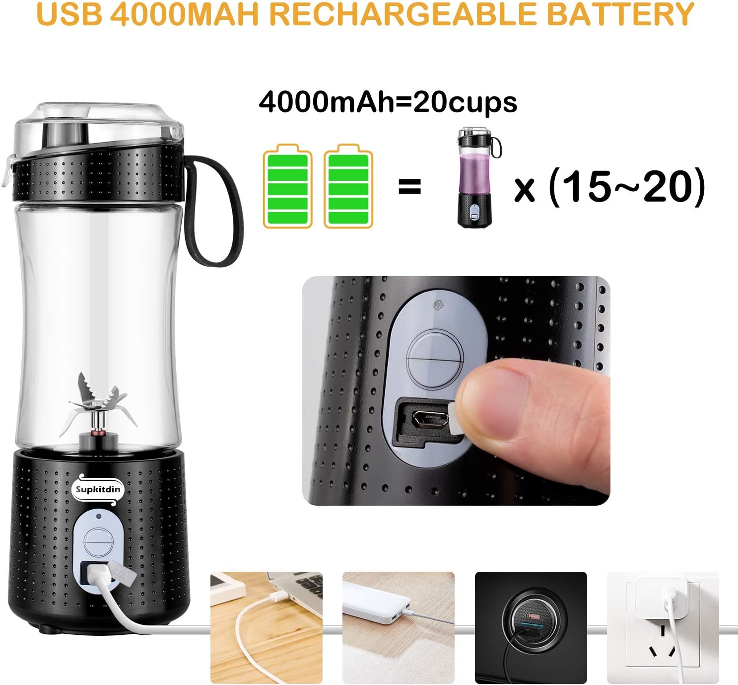 Supkitdin Portable Blender, Personal Mixer Fruit Rechargeable with USB, Mini Blender for Smoothie, Fruit Juice, Milk Shakes, 380ml, Six 3D Blades for Great Mixing (Black): Kitchen & Dining